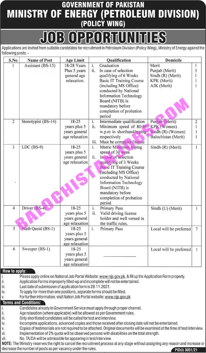 Ministry of Energy Petroleum Division Balochistan Jobs 2021