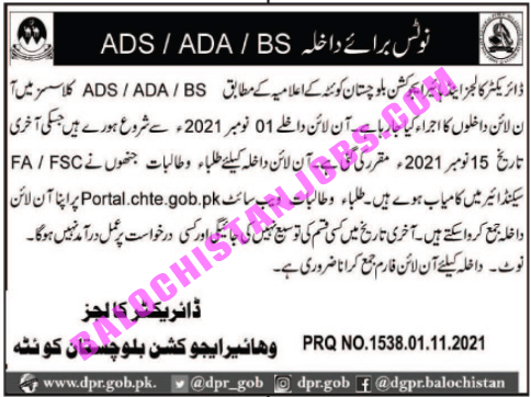 Notice Admission CHTE Balochistan ADAADSBS