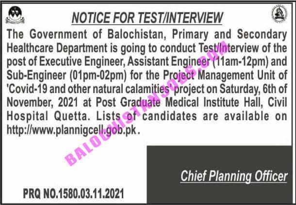 Primary & Secondary Healthcare Department Balochistan Test Interview Schedule