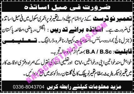 Tameer Nau Primary School Quetta Jobs 2021