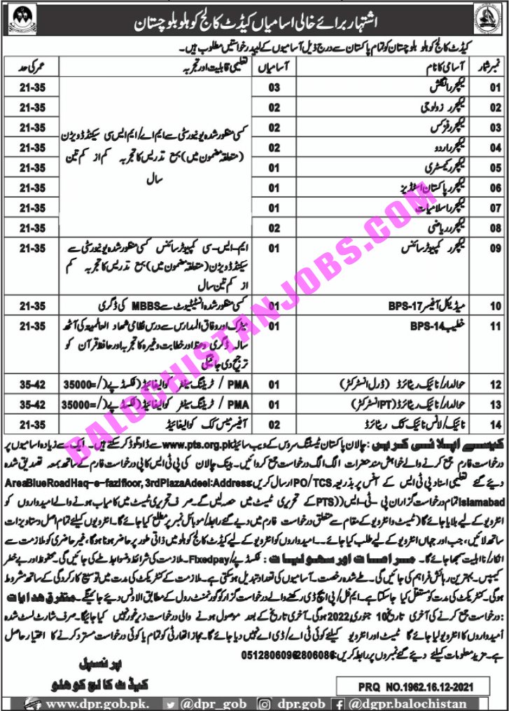 Cadet College Kohlu Jobs 2022