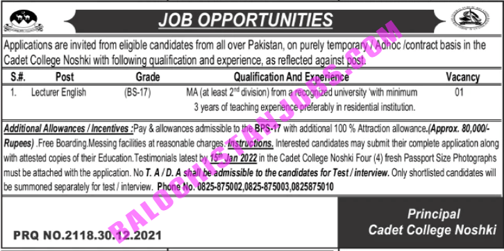Cadet College Nushki Lecturer Jobs 2022 2