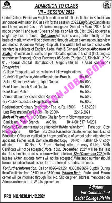 Cadet College Pishin Admission 2022 