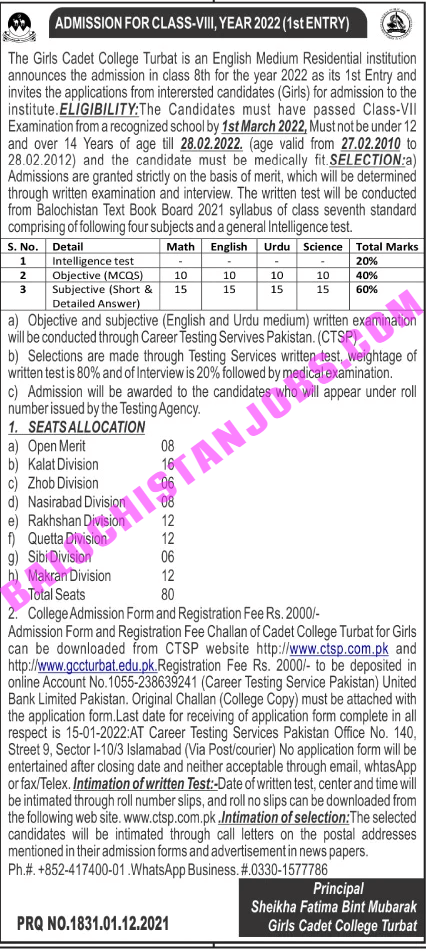 Girls Cadet College Turbat Admission 2022