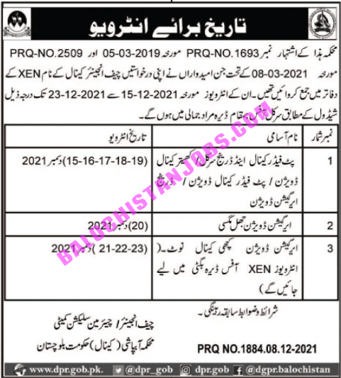 Irrigation Department Balochistan Interview Schedule