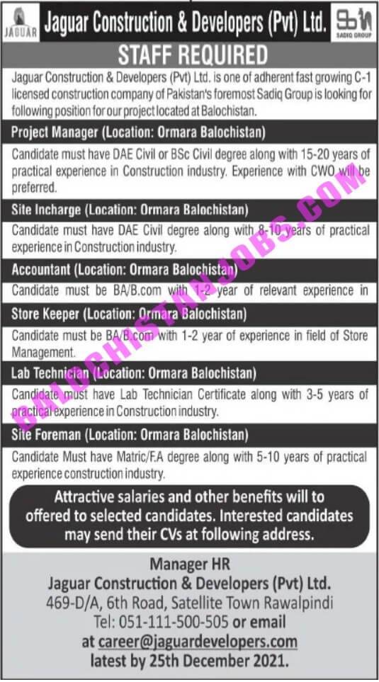 Jaguar Construction And Developers Balochistan Jobs 2022