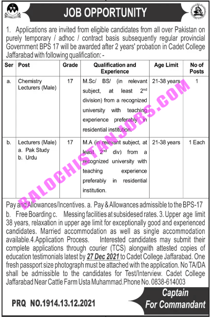 Jobs In Cadet College Jaffarabad 2021