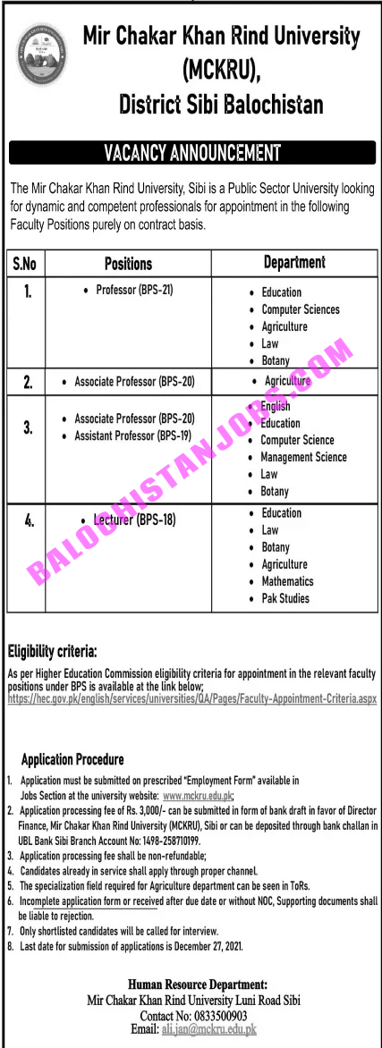 Mir Chakar Khan Rind University MCKRU Jobs 2021