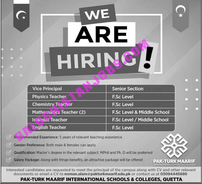Pak Turk Maarif International School & Colleges Quetta Jobs 2021