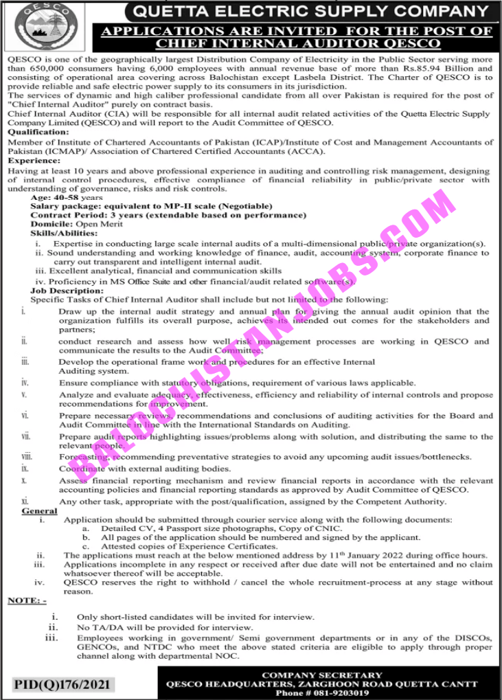 Quetta Electric Supply Company Limited QESCO Jobs 2022