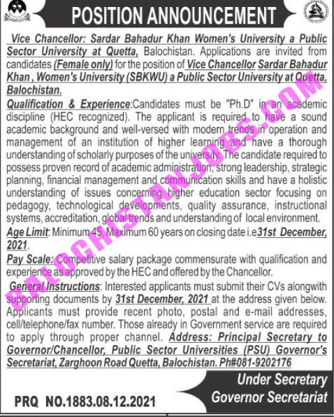 Vice Chancellor Jobs In SBKWU Quetta 2021