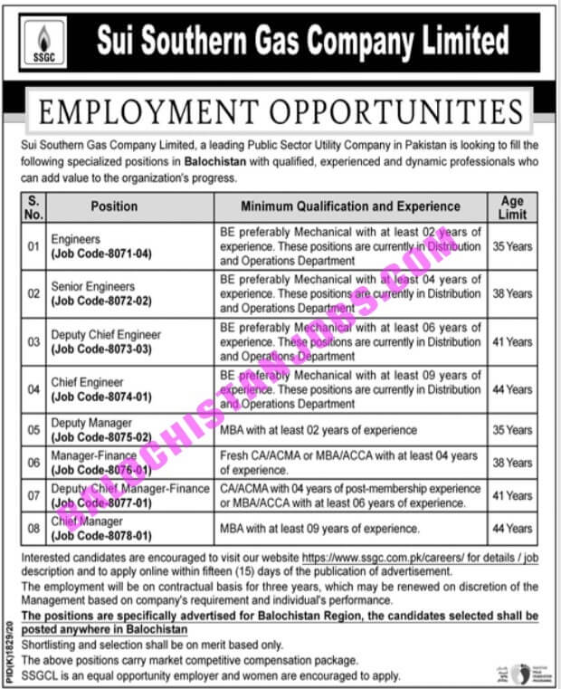 Sui Southern Gas Company Limited SSGCL Jobs 2022