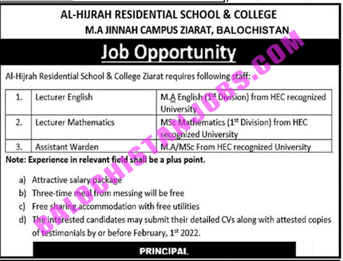 Al hijrah School and College Ziarat Jobs 2022