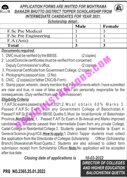 BENAZIR BHUTTO SHAHEED DISTRICT TOPPERS BALOCHISTAN SCHOLARSHIP 2022