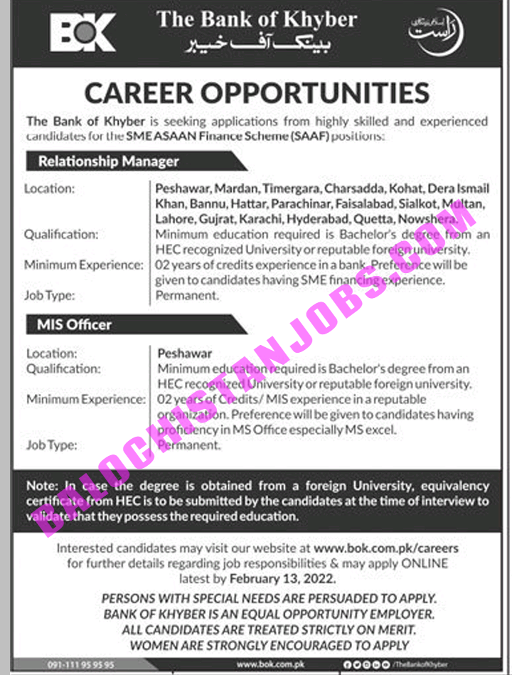 Bank of Khyber BOK Balochistan Jobs 2022 