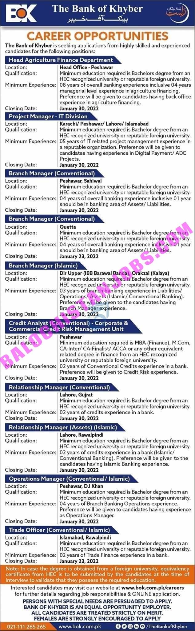 Bank of Khyber BOK Quetta Jobs 2022