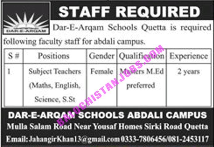 Dar e Arqam School Quetta Jobs 2022 1 Dar e Arqam School Quetta Jobs 2022