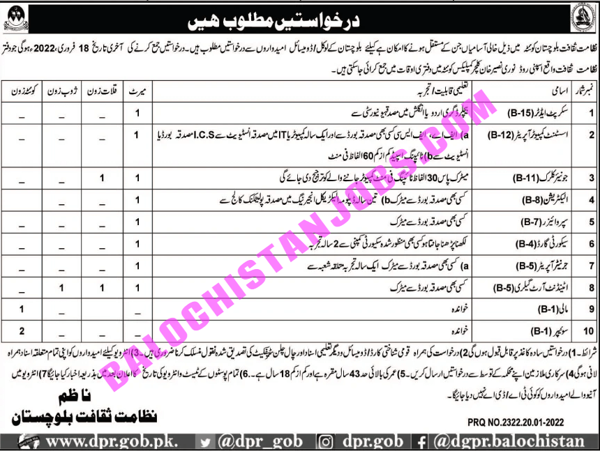 Directorate of Culture Balochistan Jobs 2022