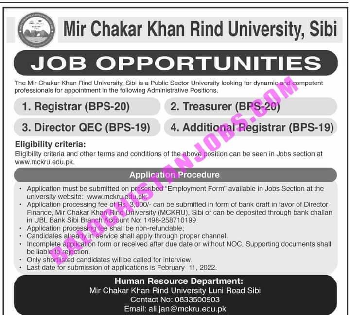 Mir Chakar Khan Rind university MCKRU Sibi Jobs 2022
