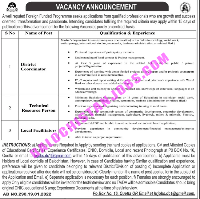 P.O Box No 16 Quetta Jobs 2022