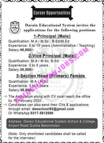 Derain Education System School and College Quetta Jobs 2022