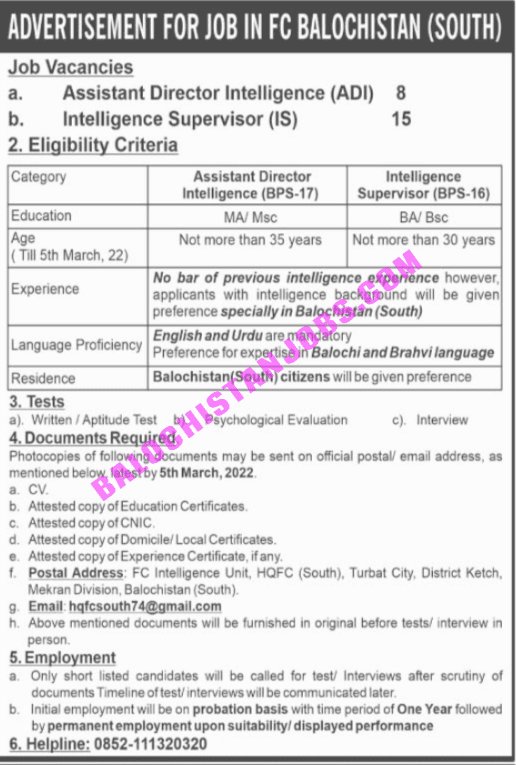 FC South Balochistan Jobs 2022