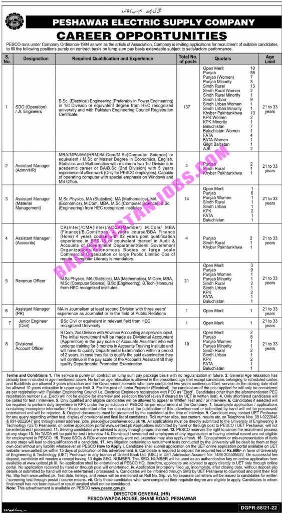 Peshawar Electric Supply Company PESCO Jobs 2022