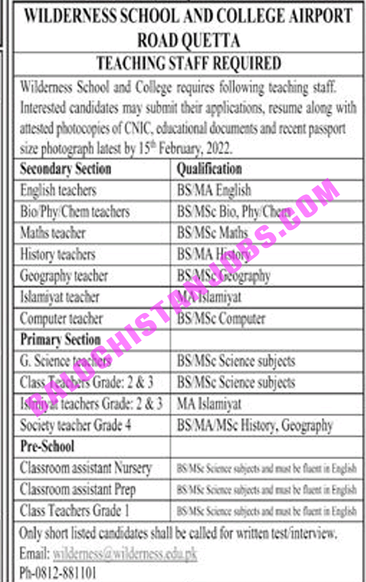 Wilderness School & College Quetta Jobs 2022 1 Wilderness School & College Quetta Jobs 2022