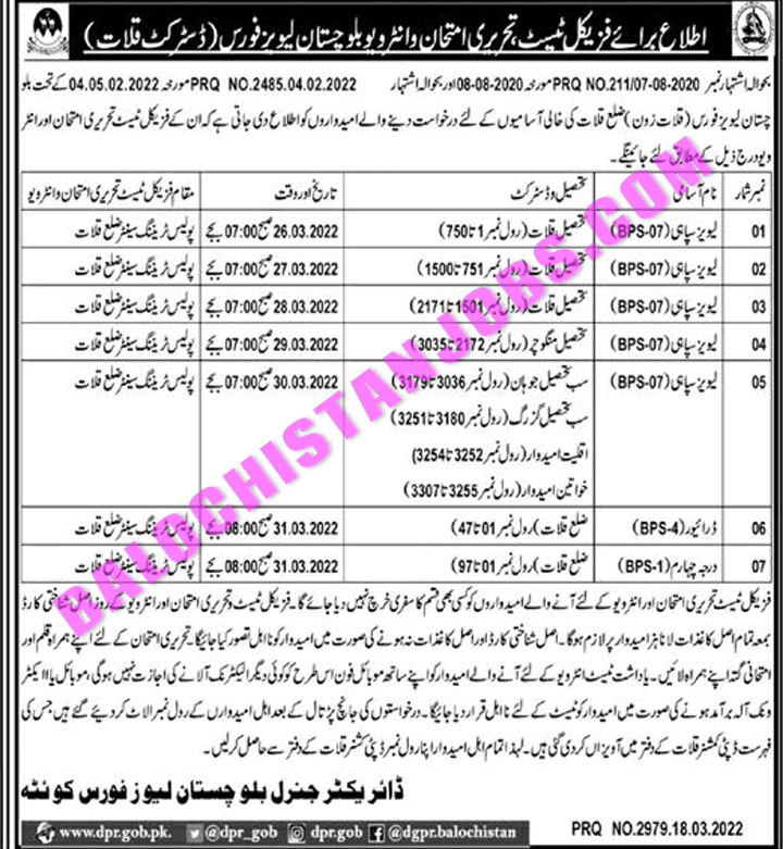 Balochistan Levis Force Kalat Test Interview Schedule