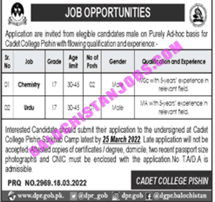 Cadet College Pishin Jobs 2022