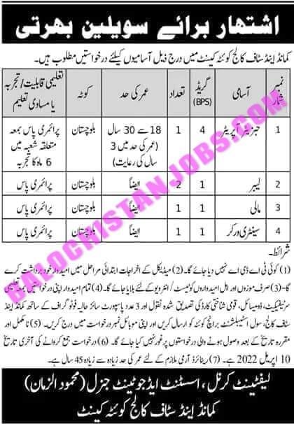 Command and Staff College Quetta Cantt Jobs 2022