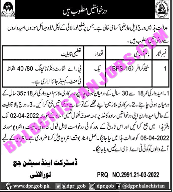 District and Session Judge Loralai Jobs 2022