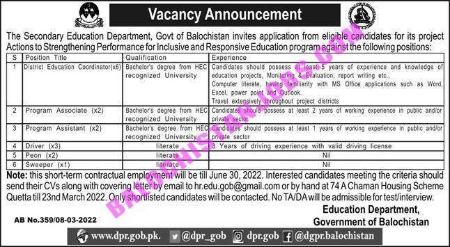 Education Department Balochistan Jobs 2022