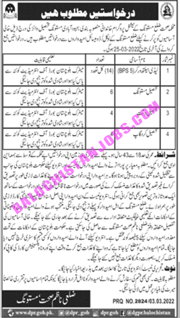 Health Department Mastung Jobs 2022