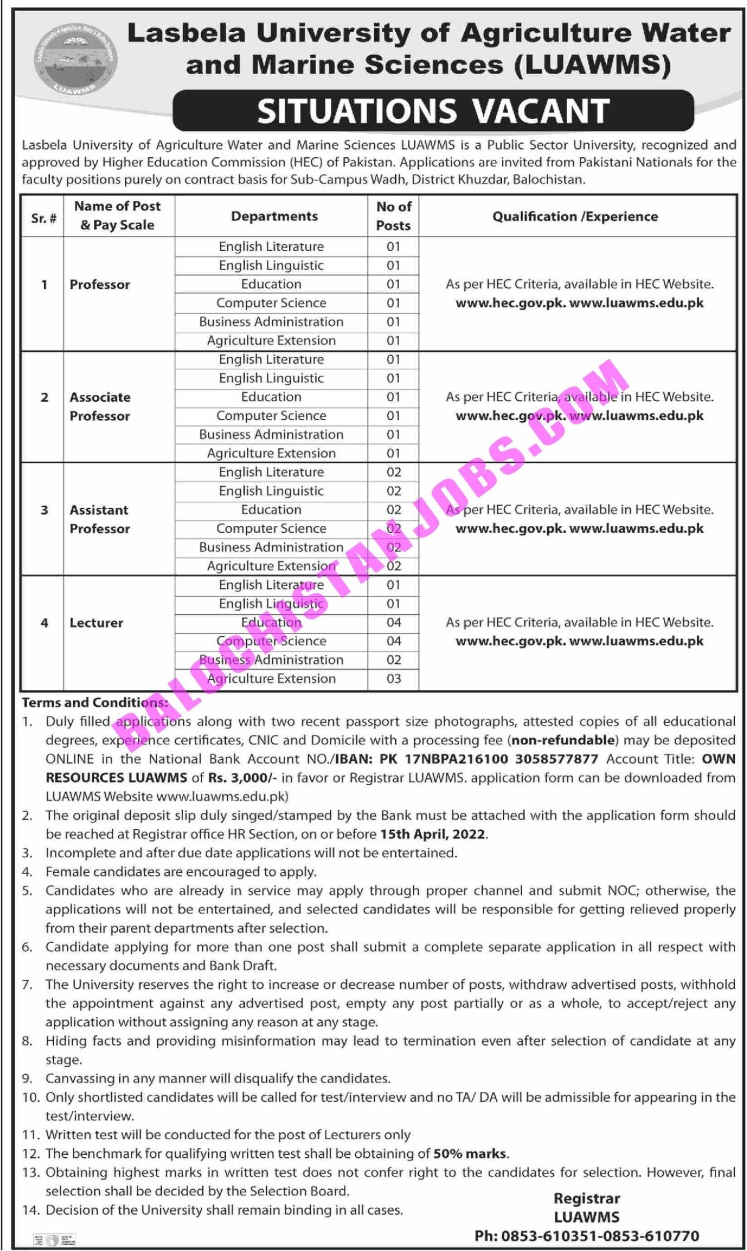 LUWAMS University Wadh Campus Jobs 2022