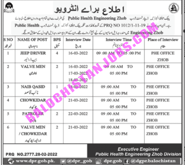 Public Health Engineering PHE Zhob Interview Schedule 