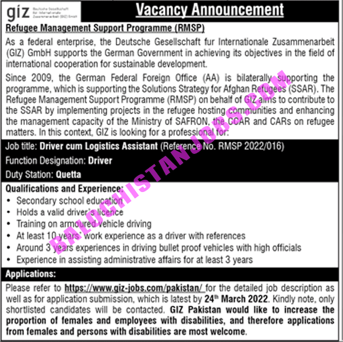 Refugee Management Support Program RMSP Quetta Jobs 2022