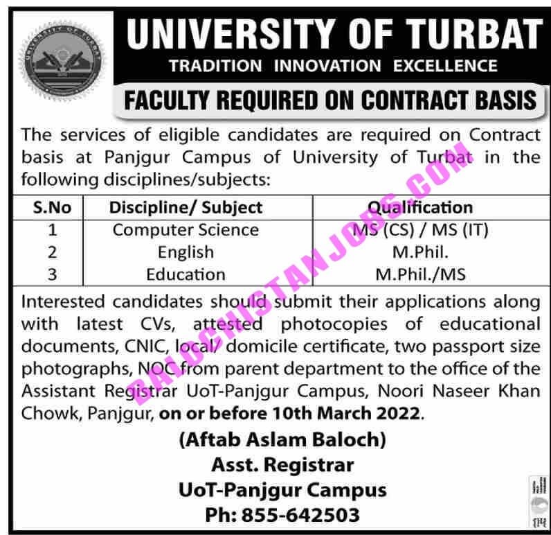 University of Turbat UOT Panjgur Campus Jobs 2022