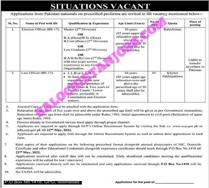 Election Commission of Pakistan ECP Balochistan Jobs 2022