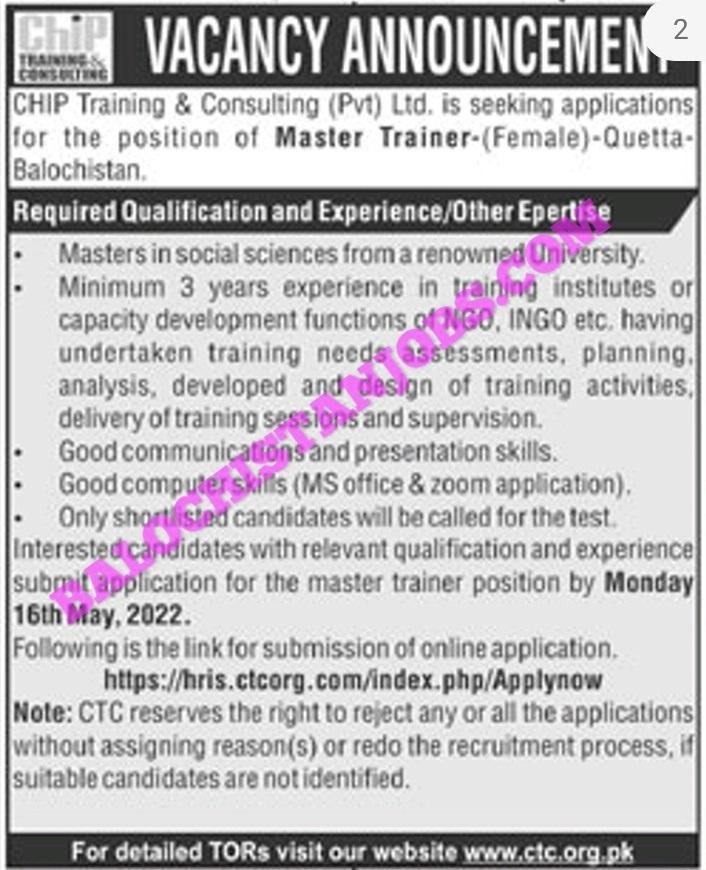 CTC Master Trainer Female Quetta Jobs 2022
