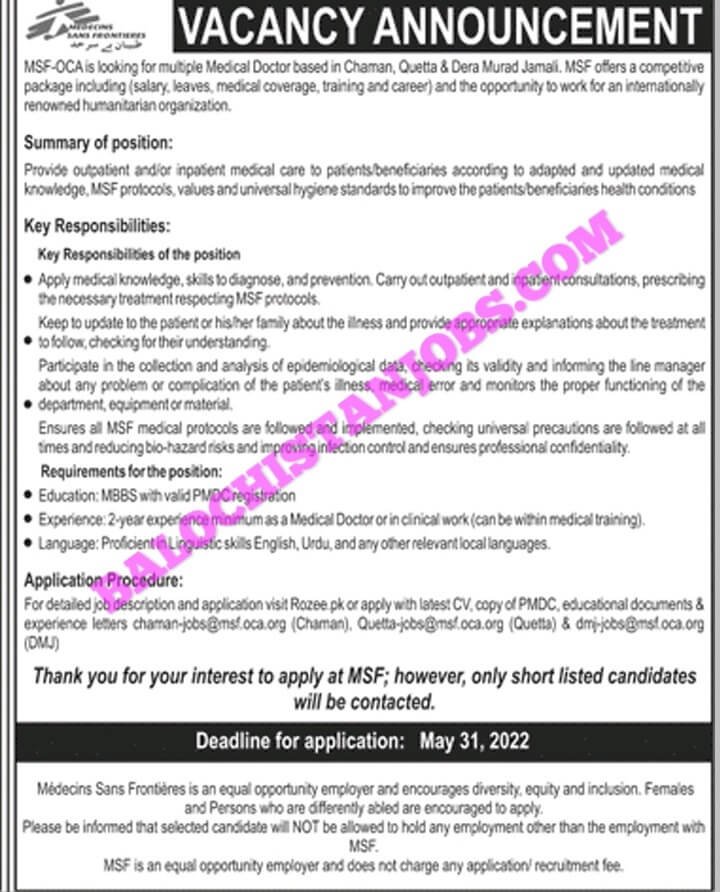 Medecins Sans Frontiers MSF Balochistan Jobs 2022