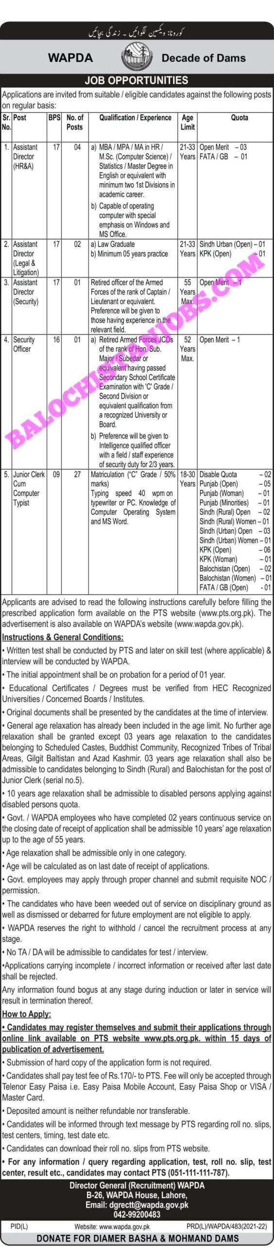 WAPDA Balochistan Quota Jobs 2022