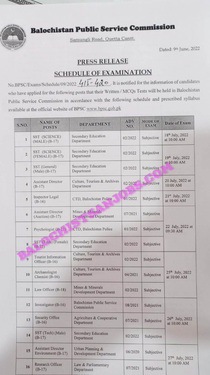 BPSC Exams schedule 2022