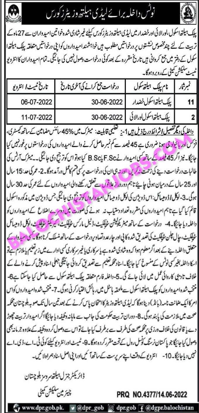 Lady Health Visitor LHV Khuzdar and Loralai Admission 2022