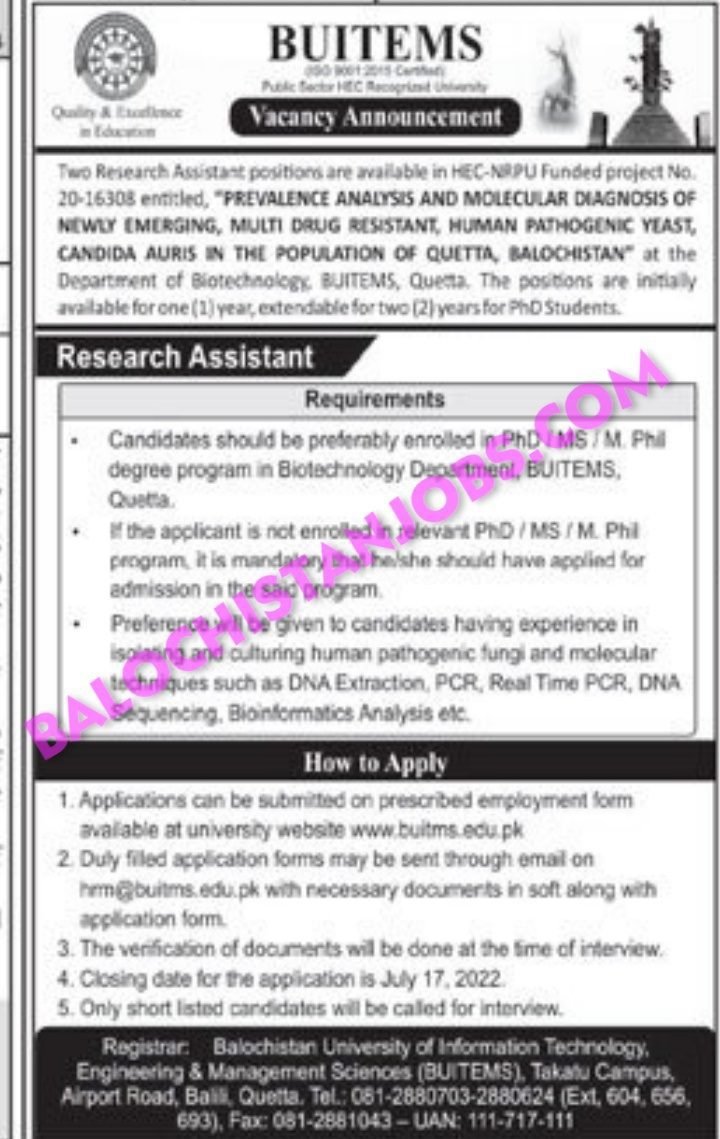 BUITEMS Quetta Research Assistant Jobs 2022