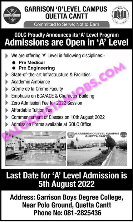 Garrison O Level Campus Quetta Cantt Admissions 2022