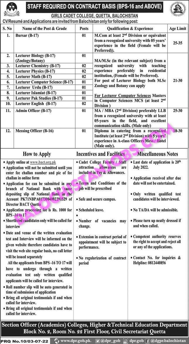 Girls Cadet College Quetta Jobs