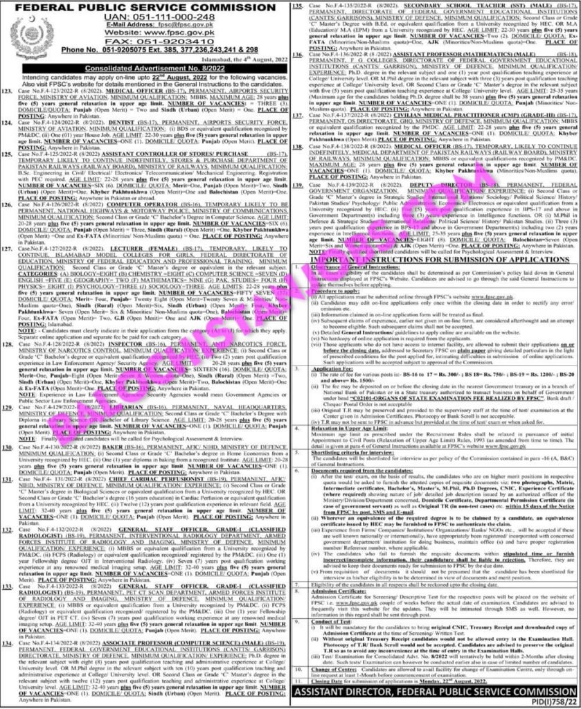 FPSC Advertisement No 8 2022 Jobs