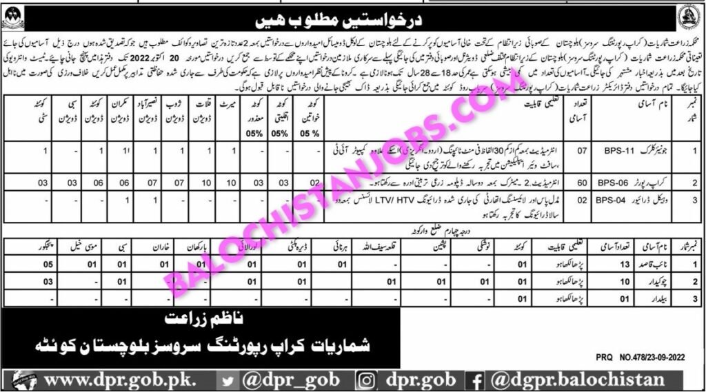 Agriculture Department Crop Reporting Services Balochistan Jobs 2022
