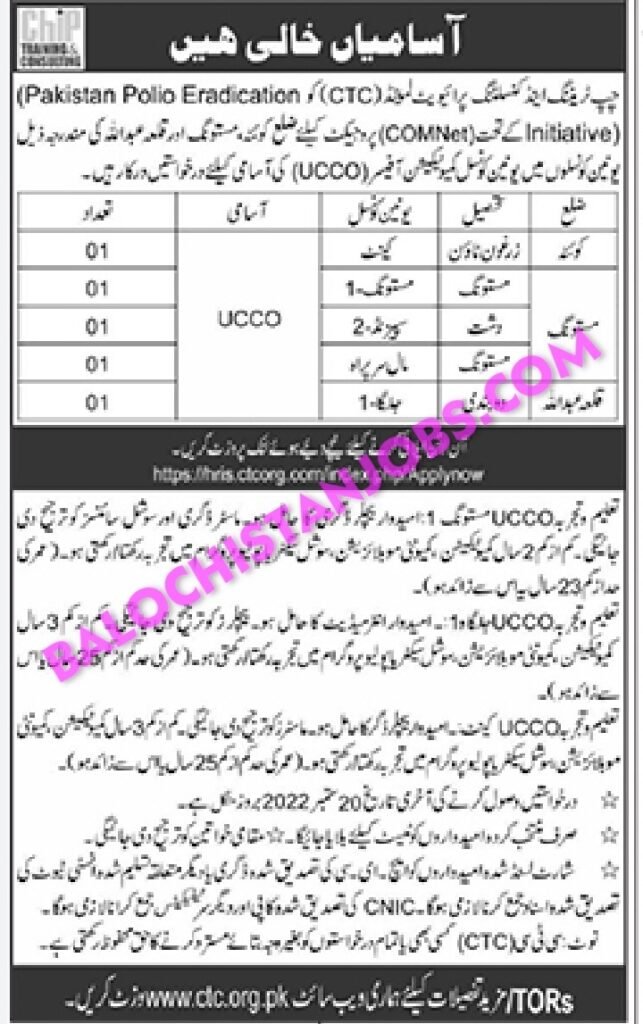 CTC Quetta Mastung and Killa Abdullah Jobs 2022